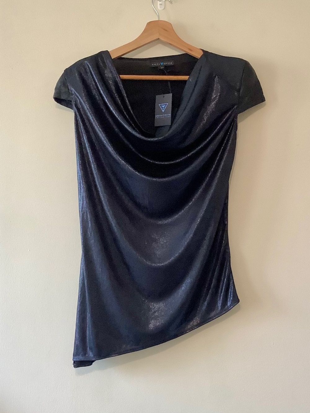 Guess Tiesto  Shimmer Cowl Neck Top Short Sleeve Asymmetrical Tunic